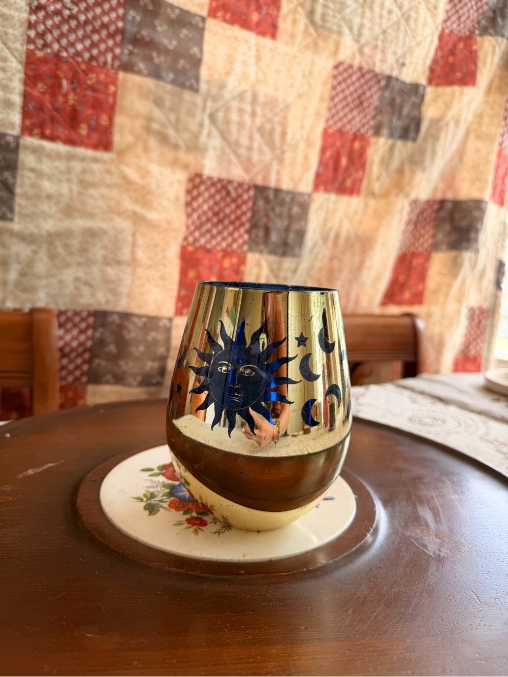 Gold Sun & Moon Wine Glass - Blue Accent Celestial